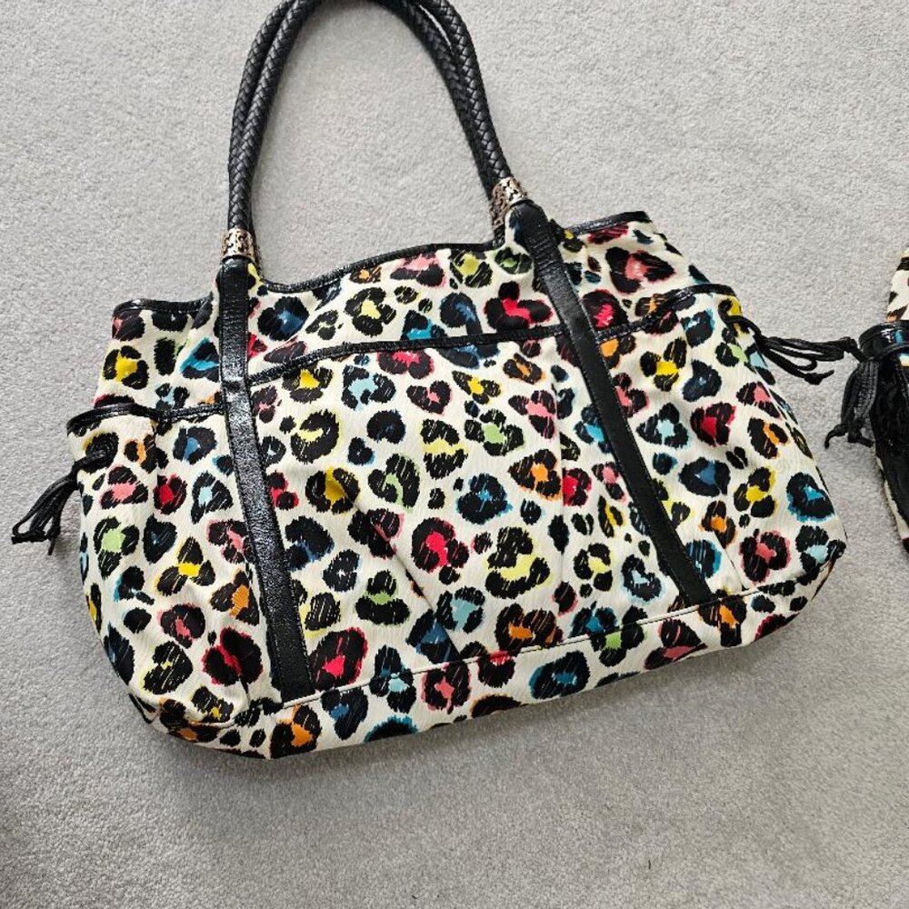 Brighton Cream Leopard Tote with Multicolor Spots and Black Trim